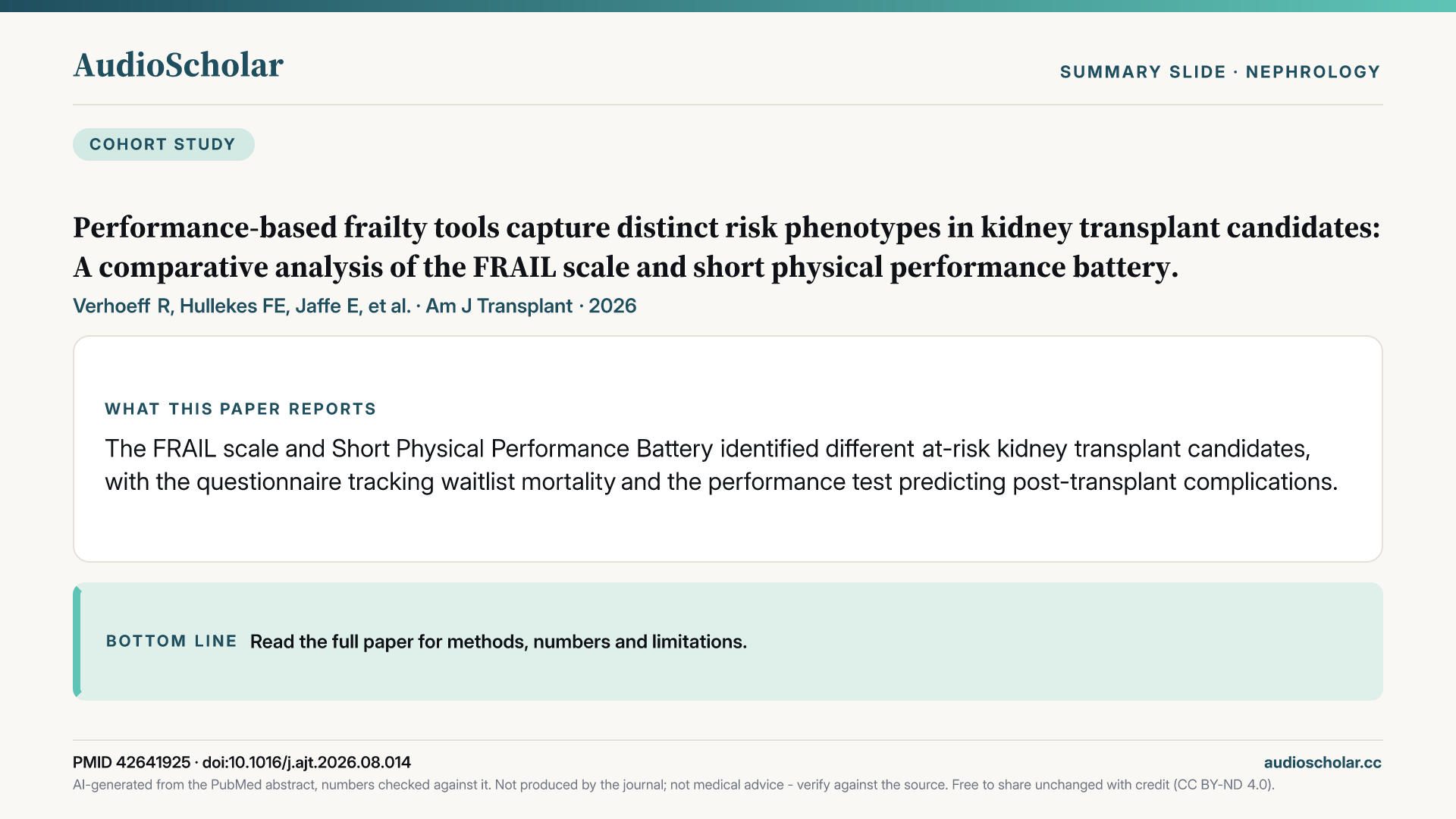Summary slide: Performance-Based Frailty Tools Capture Distinct Risk Phenotypes in Kidney Transplant Candidates: A Comparative Analysis of FRAIL and SPPB.