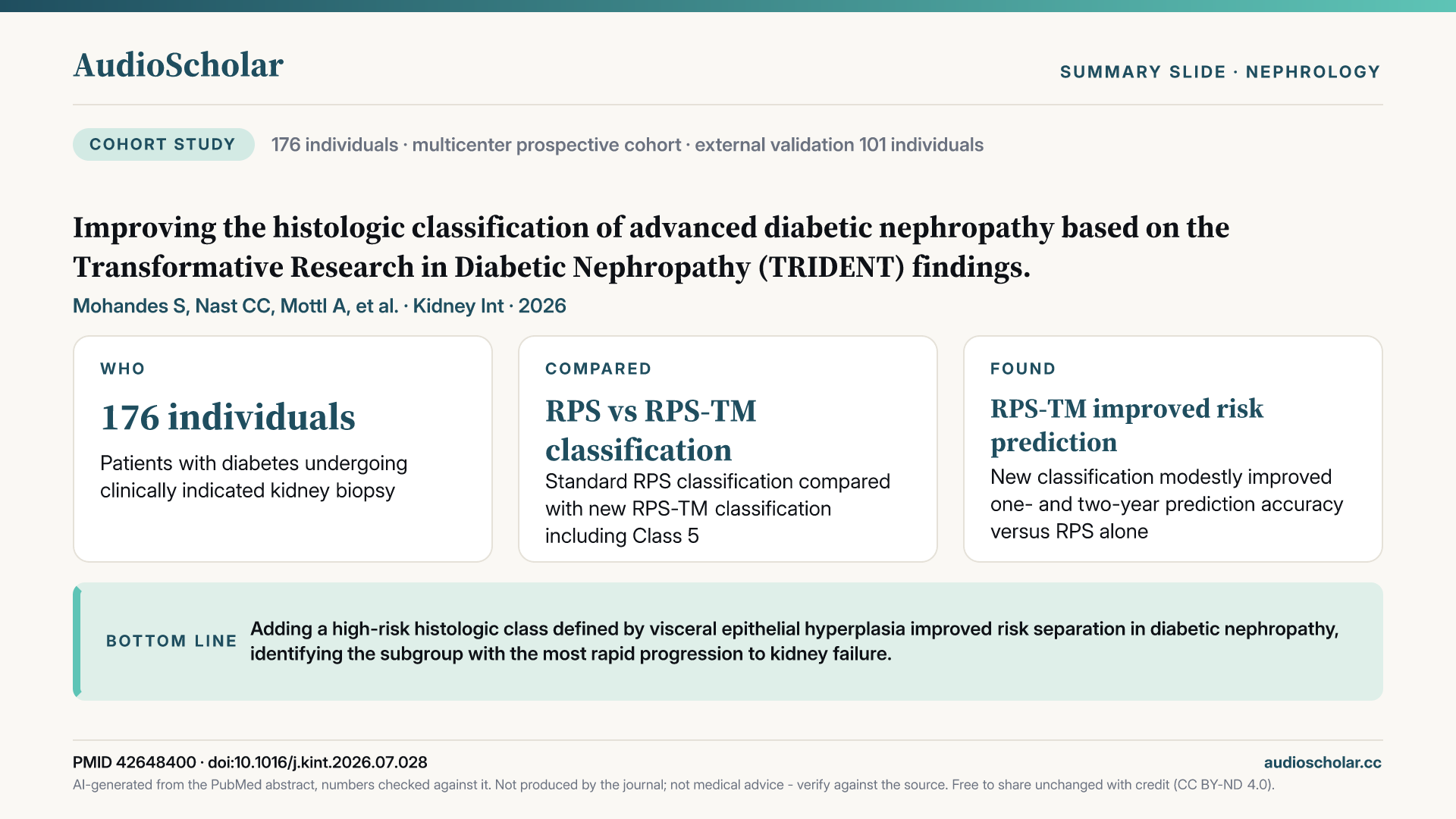 Summary slide: Improving the Histologic Classification of Advanced Diabetic Nephropathy Based on the Transformative Research in Diabetic Nephropathy (TRIDENT) Findings.