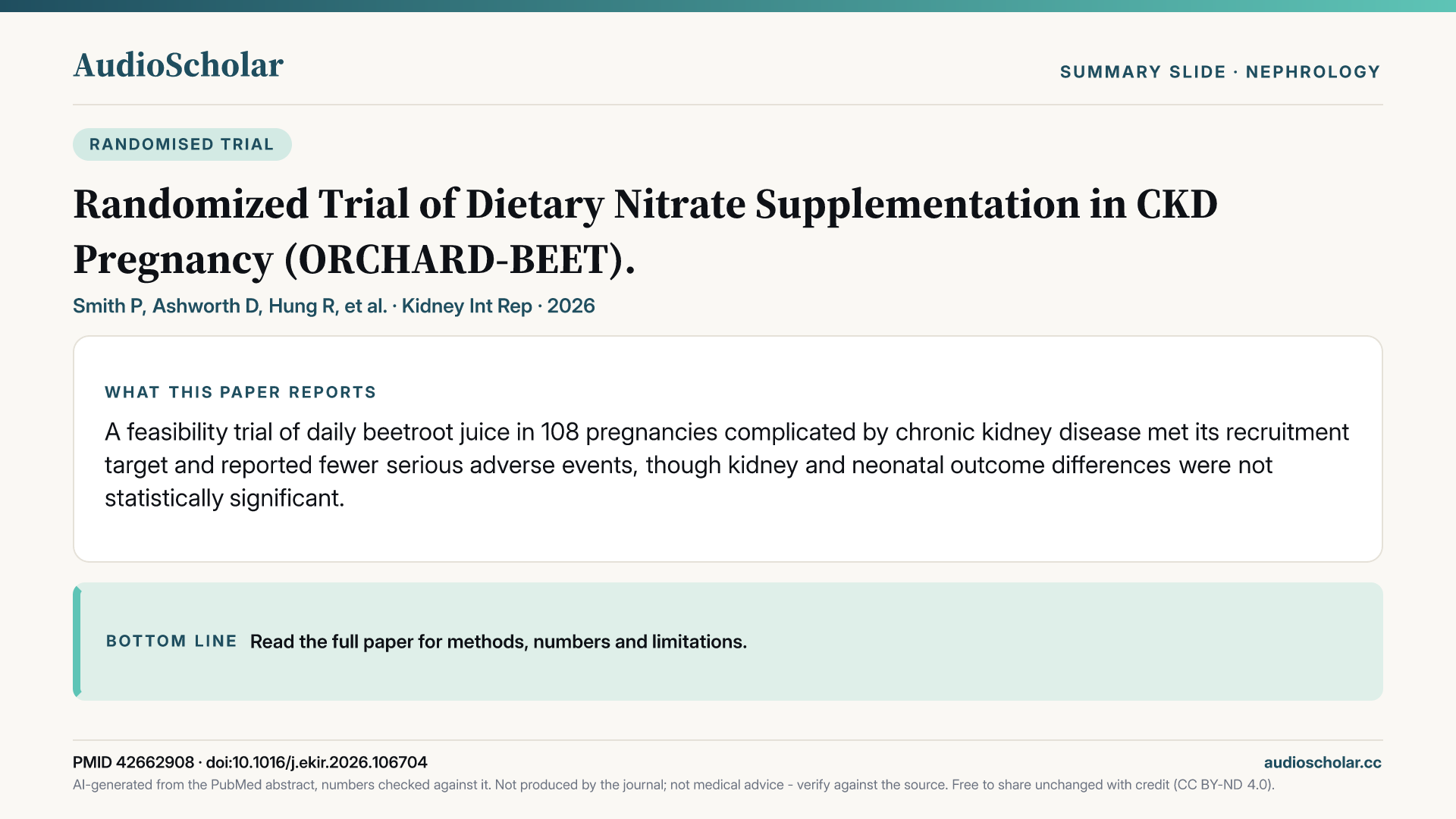 Summary slide: Randomized Trial of Dietary Nitrate Supplementation in CKD Pregnancy (ORCHARD-BEET).