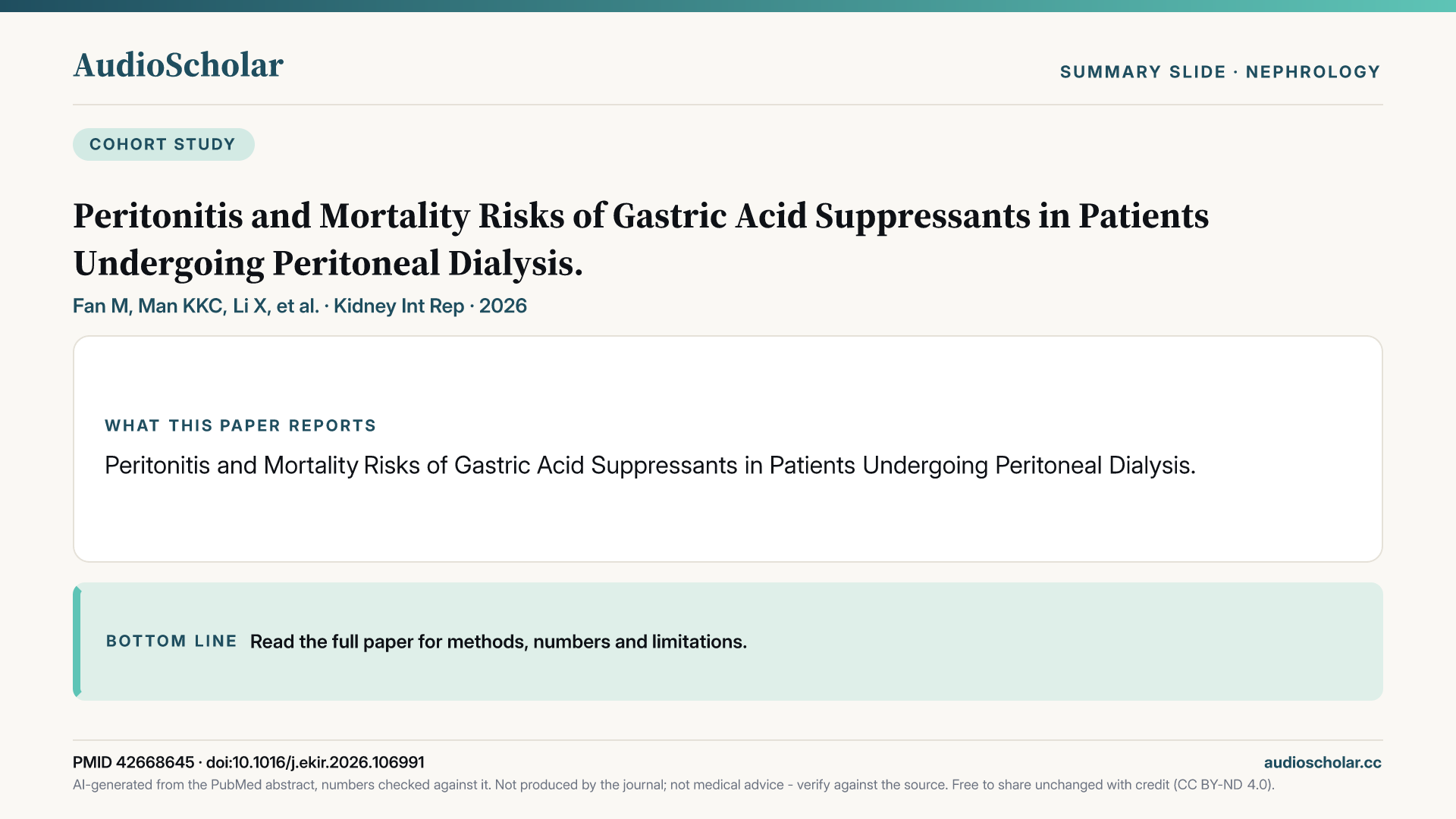 Summary slide: Peritonitis and Mortality Risks of Gastric Acid Suppressants in Patients Undergoing Peritoneal Dialysis.