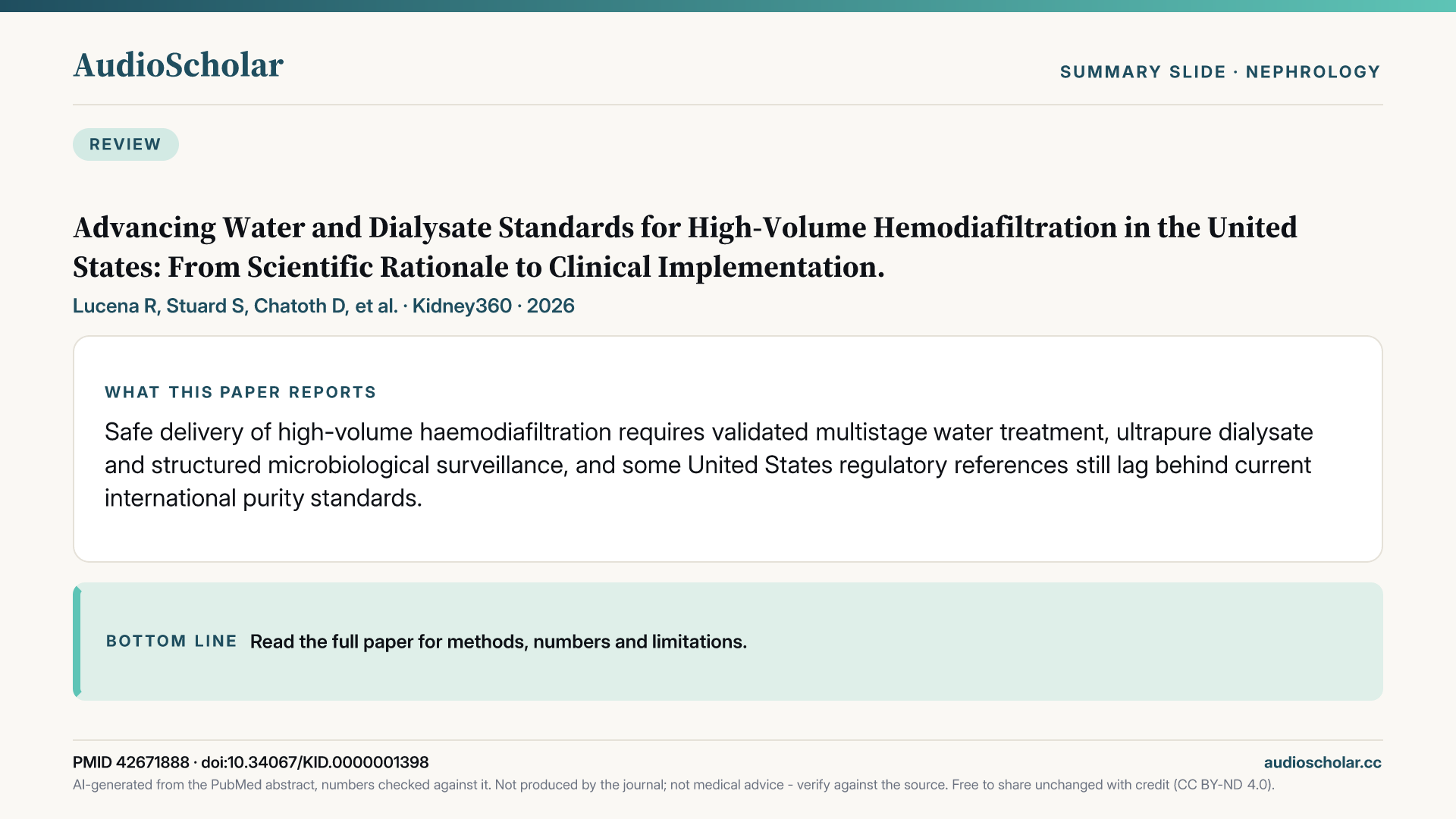 Summary slide: Advancing Water and Dialysate Standards for High-Volume Hemodiafiltration in the United States: From Scientific Rationale to Clinical Implementation.