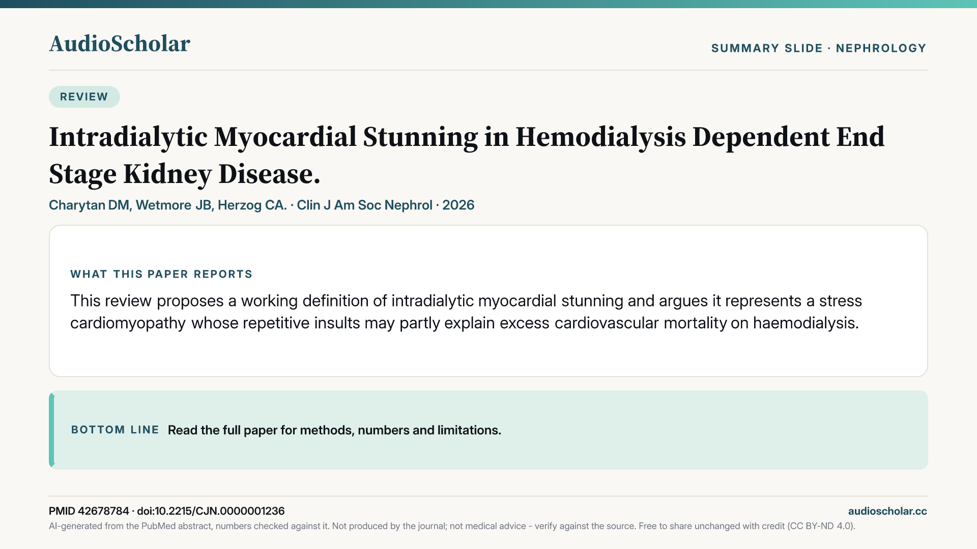 Summary slide: Intradialytic Myocardial Stunning in Hemodialysis Dependent End Stage Kidney Disease.