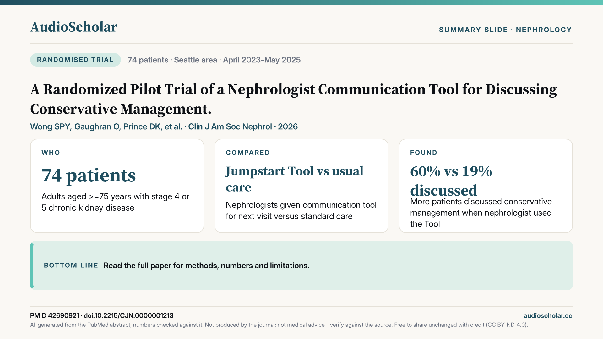 Summary slide: A Randomized Pilot Trial of a Nephrologist Communication Tool for Discussing Conservative Management.