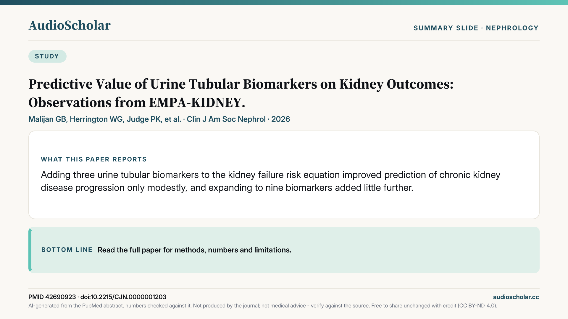 Summary slide: Predictive Value of Urine Tubular Biomarkers on Kidney Outcomes: Observations from EMPA-KIDNEY.