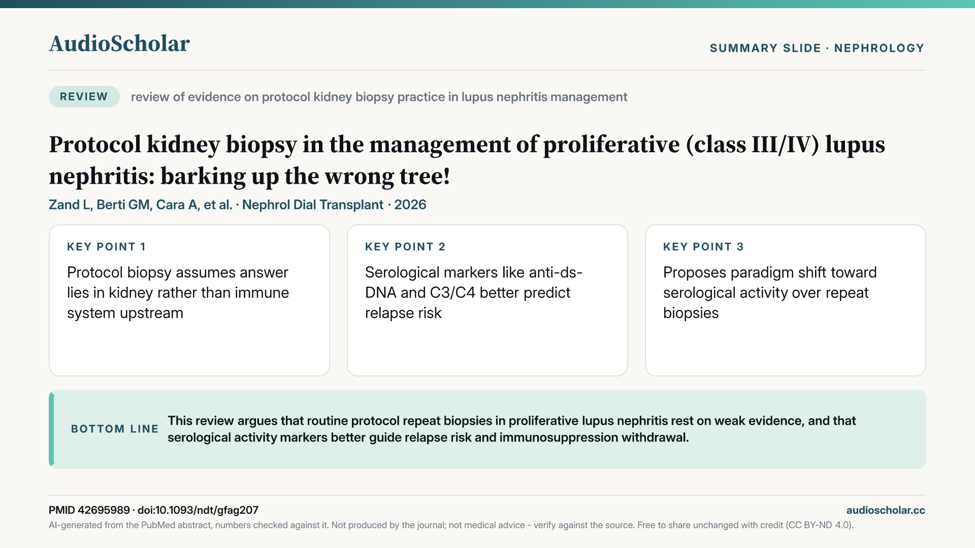 Summary slide: Protocol kidney biopsy in the management of proliferative (class III/IV) lupus nephritis: barking up the wrong tree!