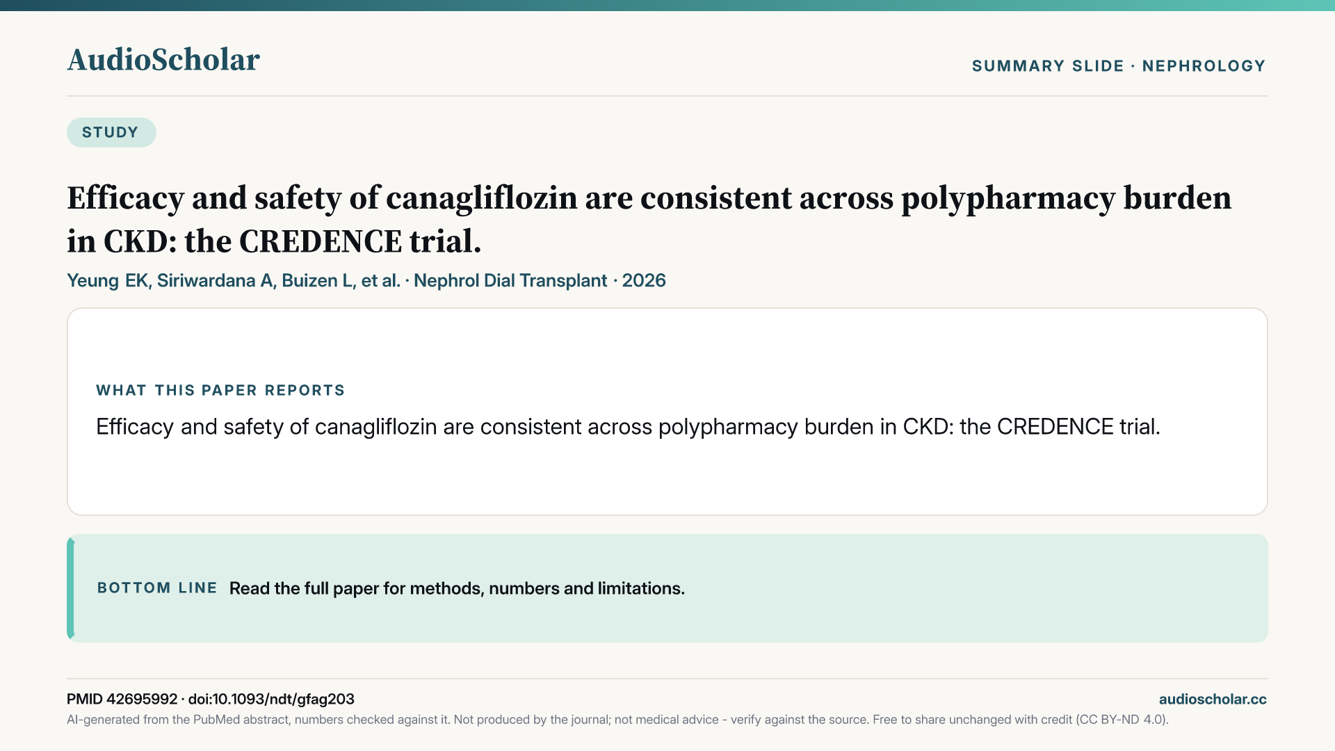 Summary slide: Efficacy and safety of canagliflozin are consistent across polypharmacy burden in CKD: the CREDENCE trial.