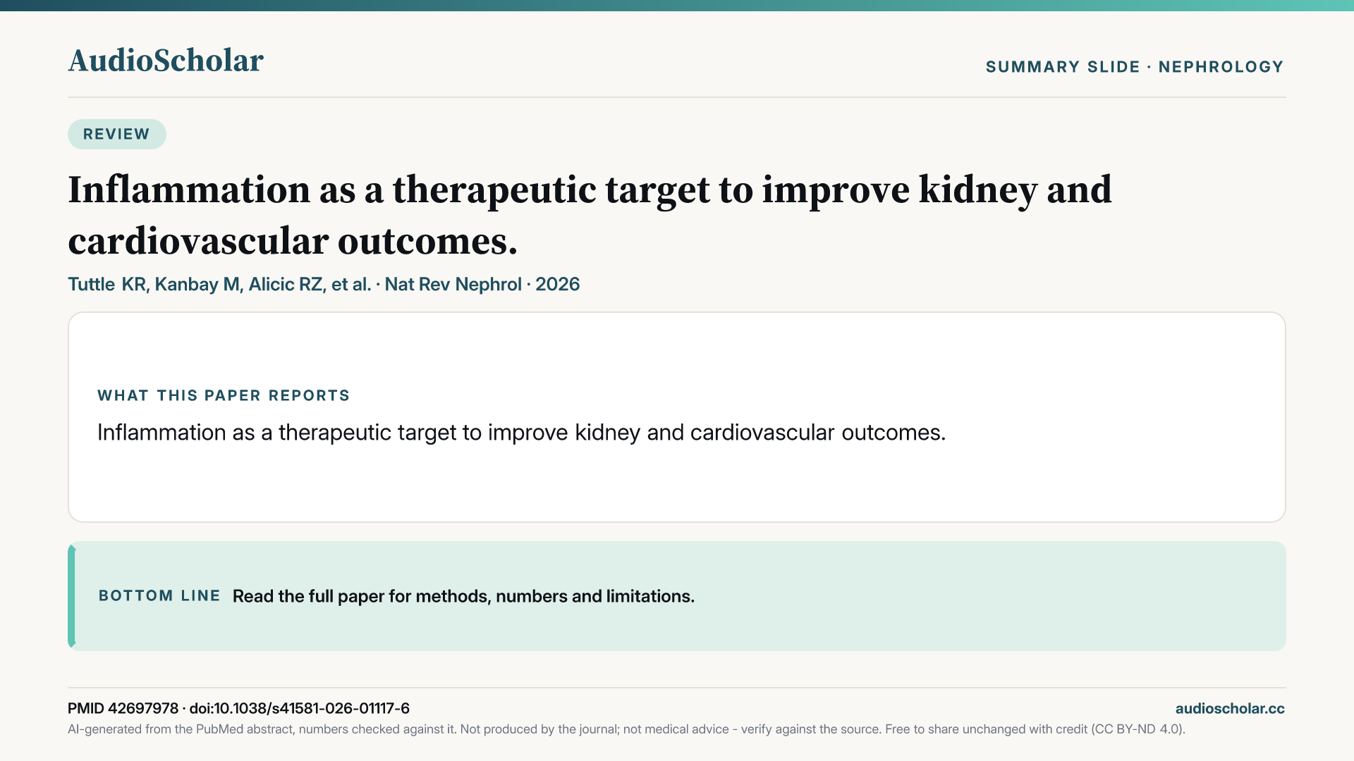 Summary slide: Inflammation as a therapeutic target to improve kidney and cardiovascular outcomes.