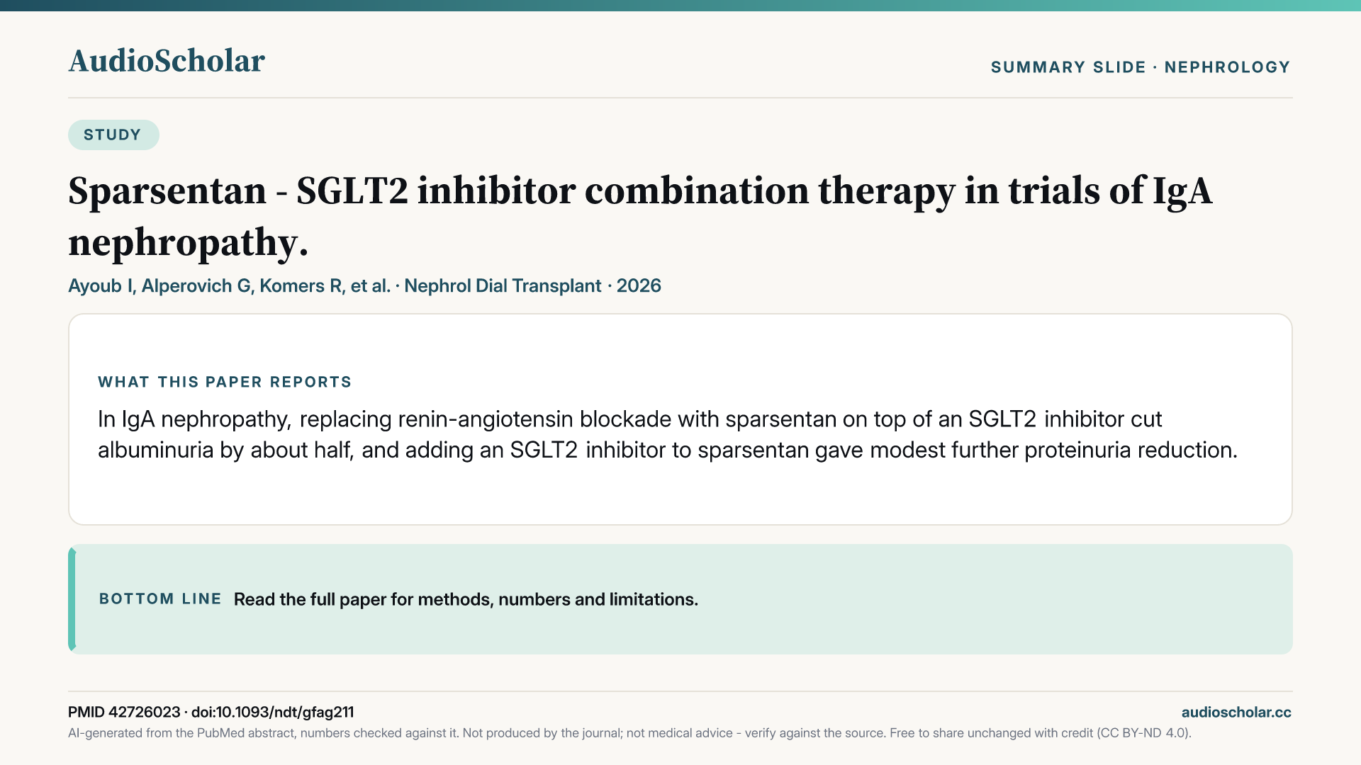 Summary slide: Sparsentan - SGLT2 inhibitor combination therapy in trials of IgA nephropathy.