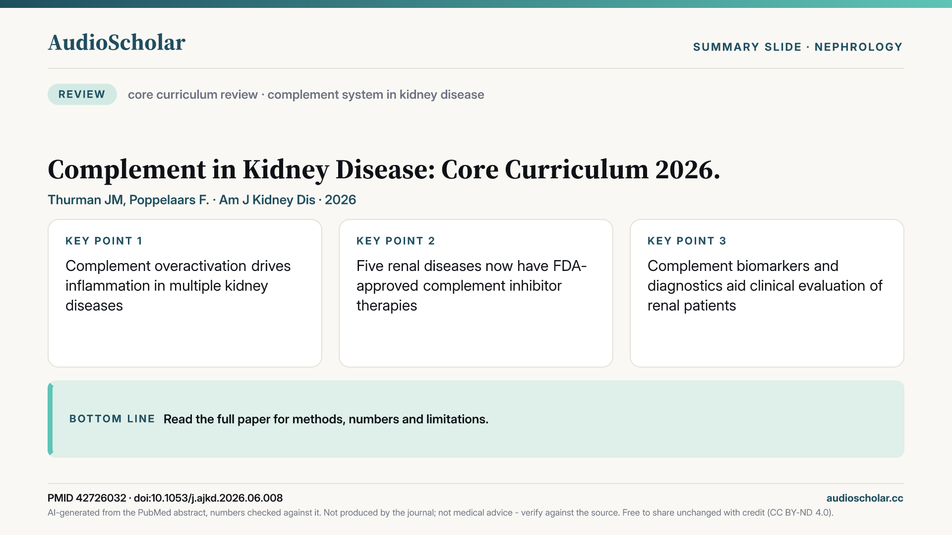 Summary slide: Complement in Kidney Disease: Core Curriculum 2026.
