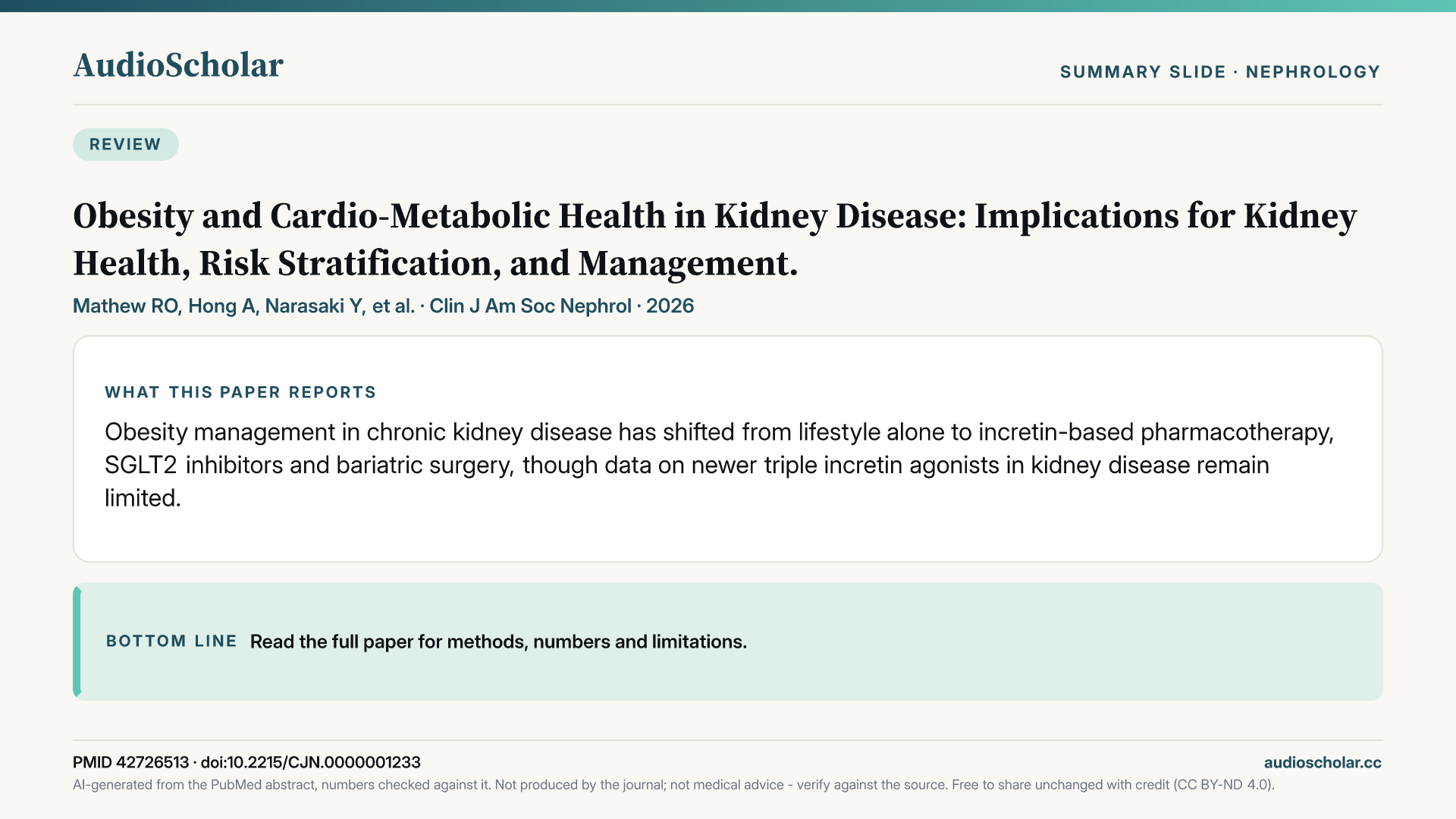 Summary slide: Obesity and Cardio-Metabolic Health in Kidney Disease: Implications for Kidney Health, Risk Stratification, and Management.
