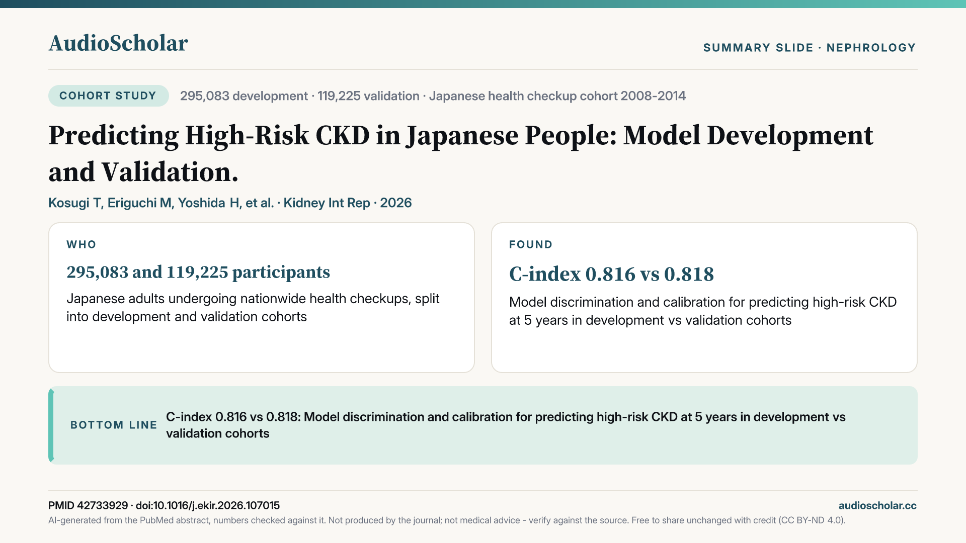 Summary slide: Predicting High-Risk CKD in Japanese People: Model Development and Validation.