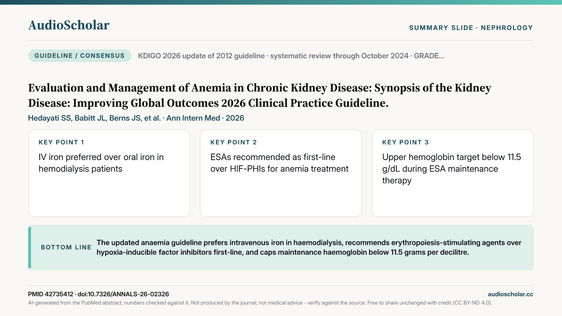 Summary slide: Evaluation and Management of Anemia in Chronic Kidney Disease: Synopsis of the Kidney Disease: Improving Global Outcomes 2026 Clinical Practice Guideline.
