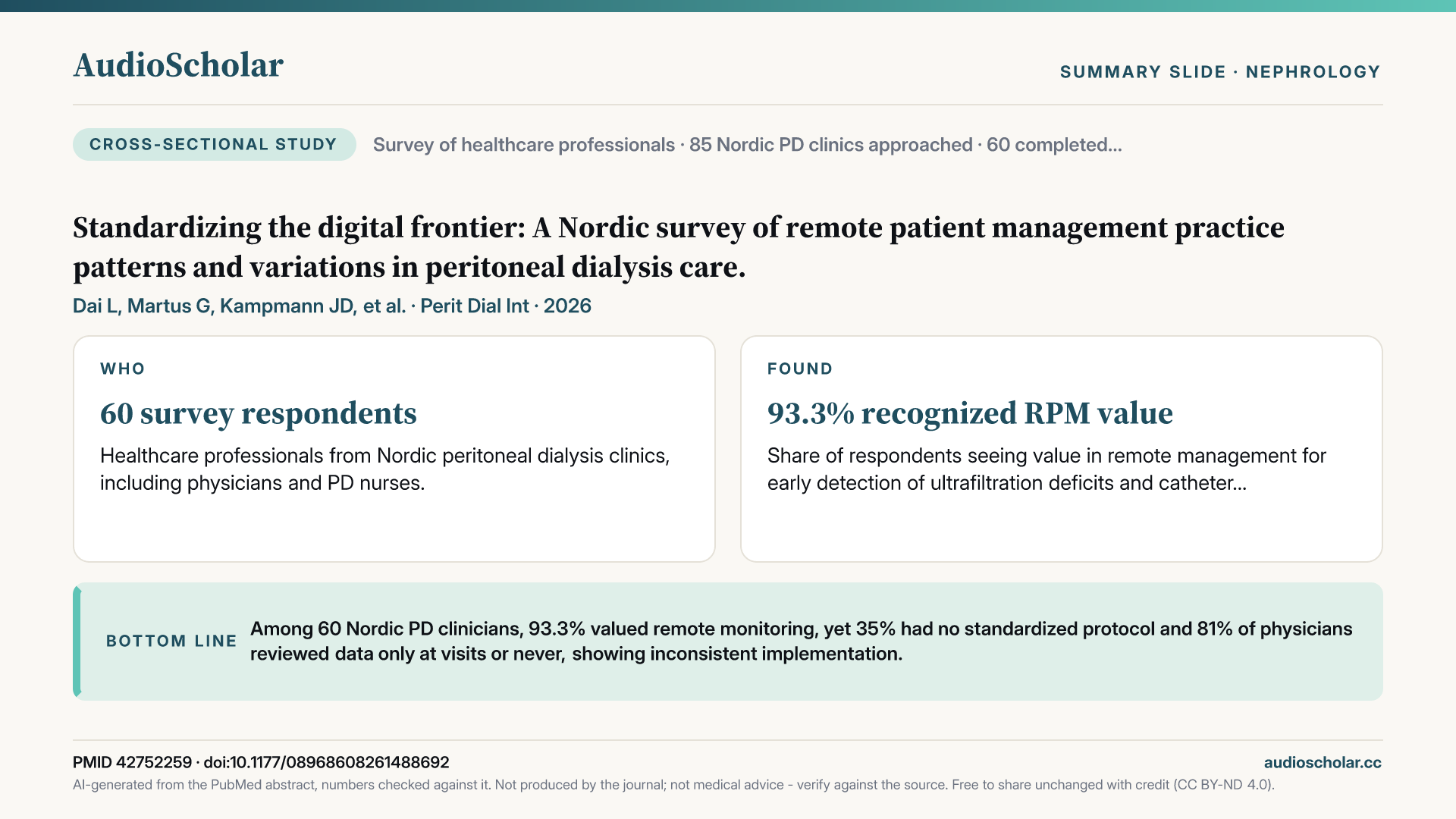 Summary slide: Standardizing the digital frontier: A Nordic survey of remote patient management practice patterns and variations in peritoneal dialysis care.