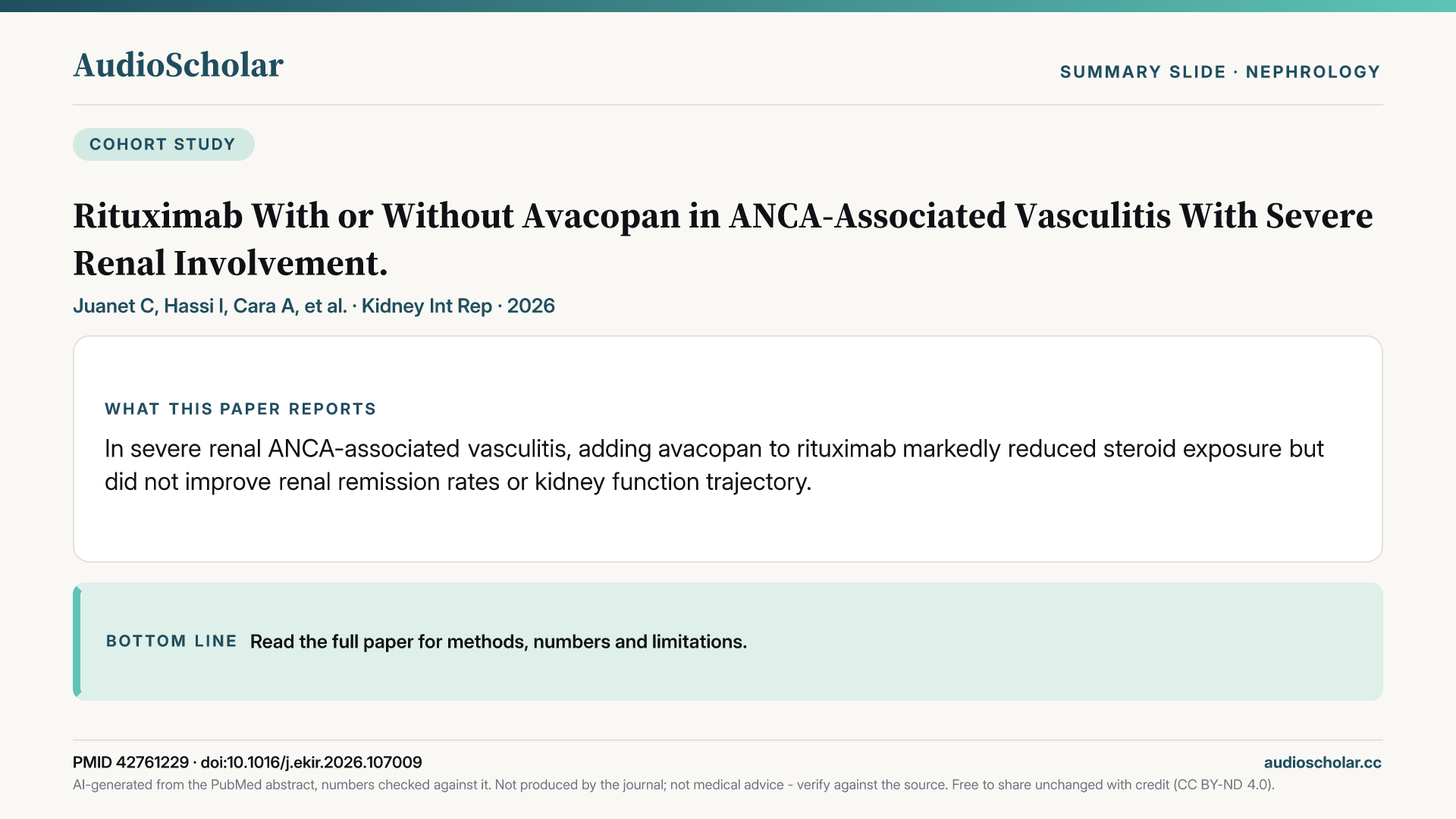 Summary slide: Rituximab With or Without Avacopan in ANCA-Associated Vasculitis With Severe Renal Involvement.