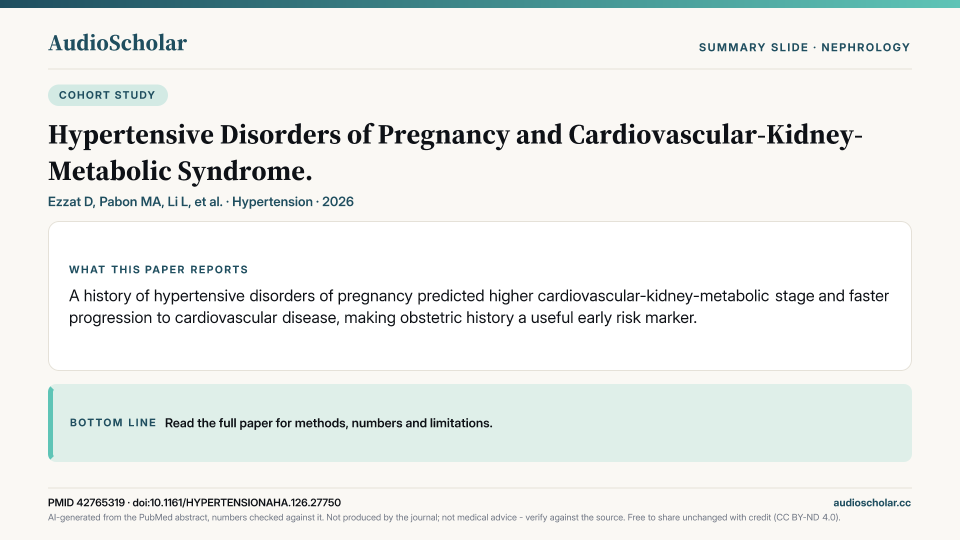 Summary slide: Hypertensive Disorders of Pregnancy and Cardiovascular-Kidney-Metabolic Syndrome.