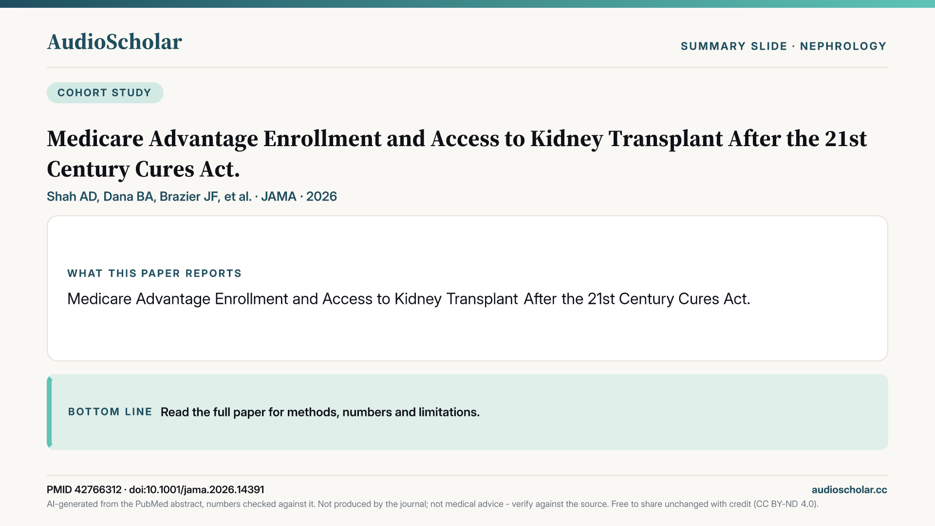 Summary slide: Medicare Advantage Enrollment and Access to Kidney Transplant After the 21st Century Cures Act.
