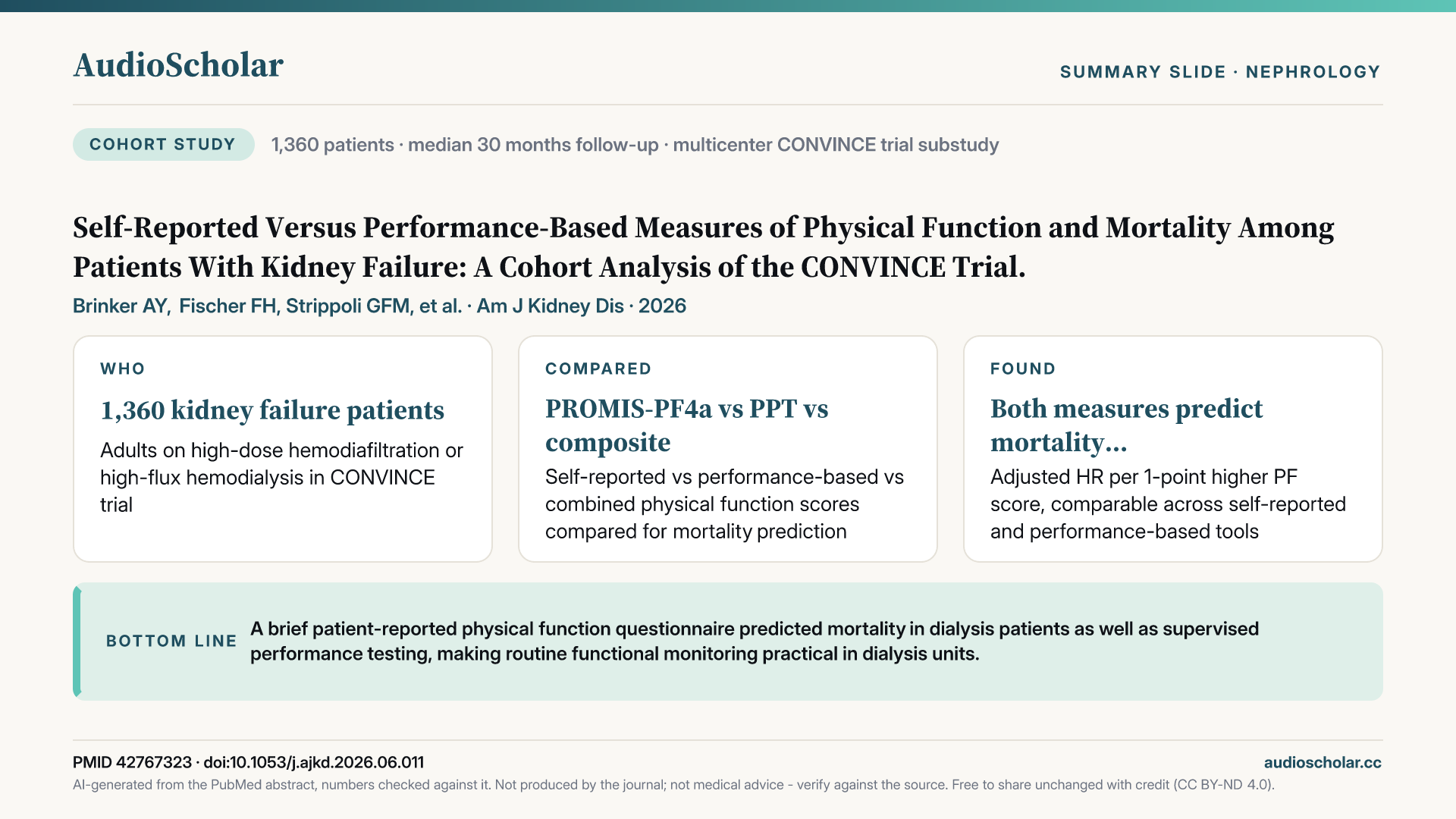 Summary slide: Self-Reported Versus Performance-Based Measures of Physical Function and Mortality Among Patients With Kidney Failure: A Cohort Analysis of the CONVINCE Trial.