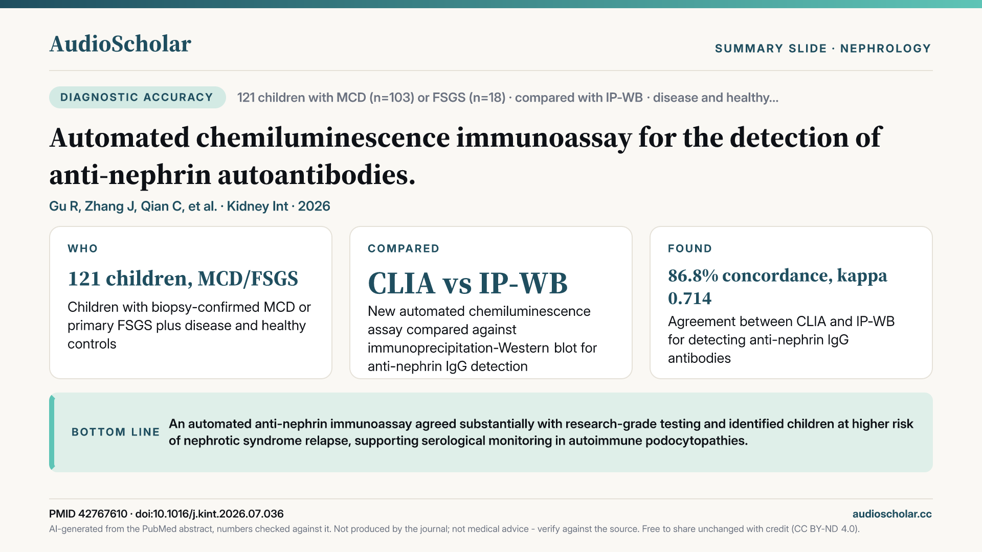 Summary slide: Automated chemiluminescence immunoassay for the detection of anti-nephrin autoantibodies.