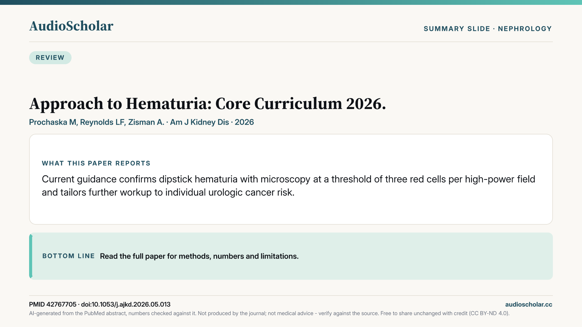 Summary slide: Approach to Hematuria: Core Curriculum 2026.