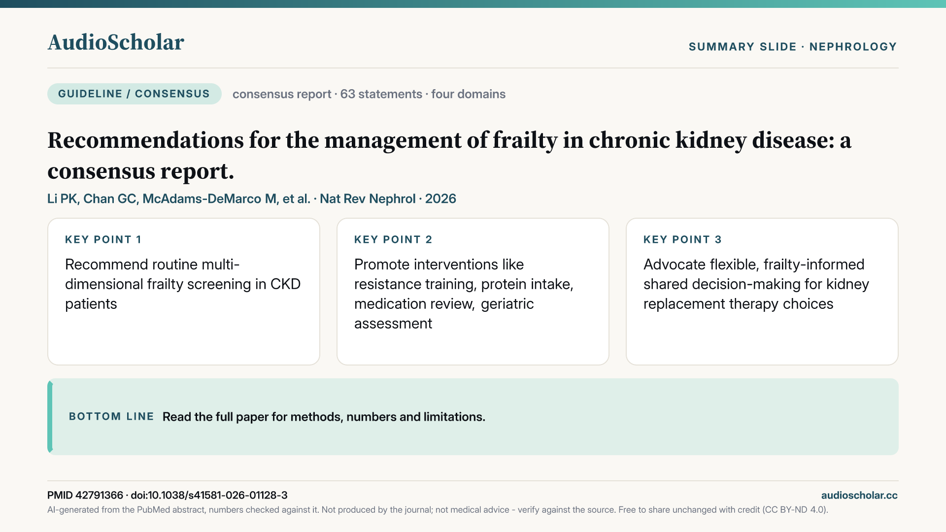 Summary slide: Recommendations for the management of frailty in chronic kidney disease: a consensus report.