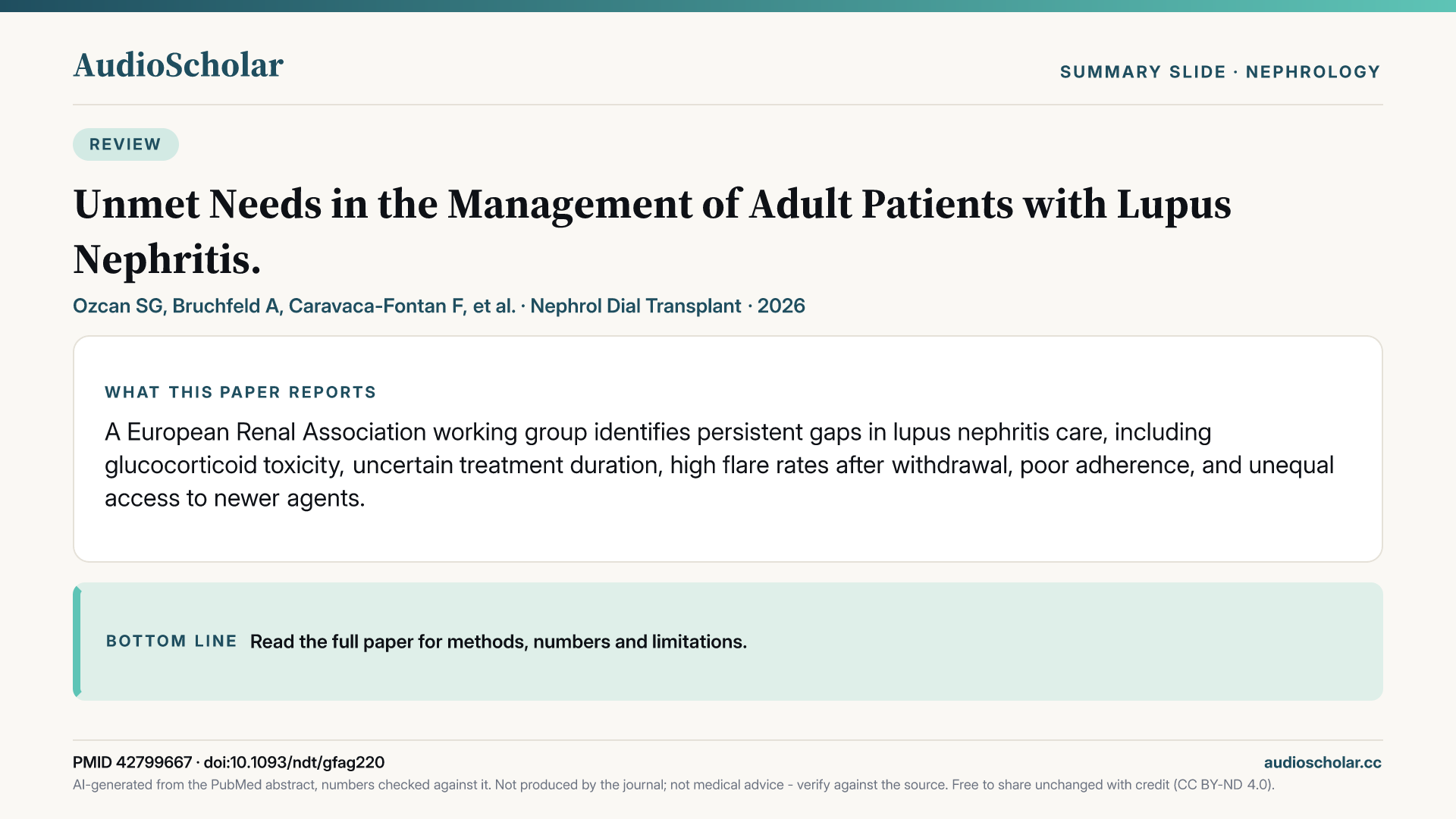 Summary slide: Unmet Needs in the Management of Adult Patients with Lupus Nephritis.