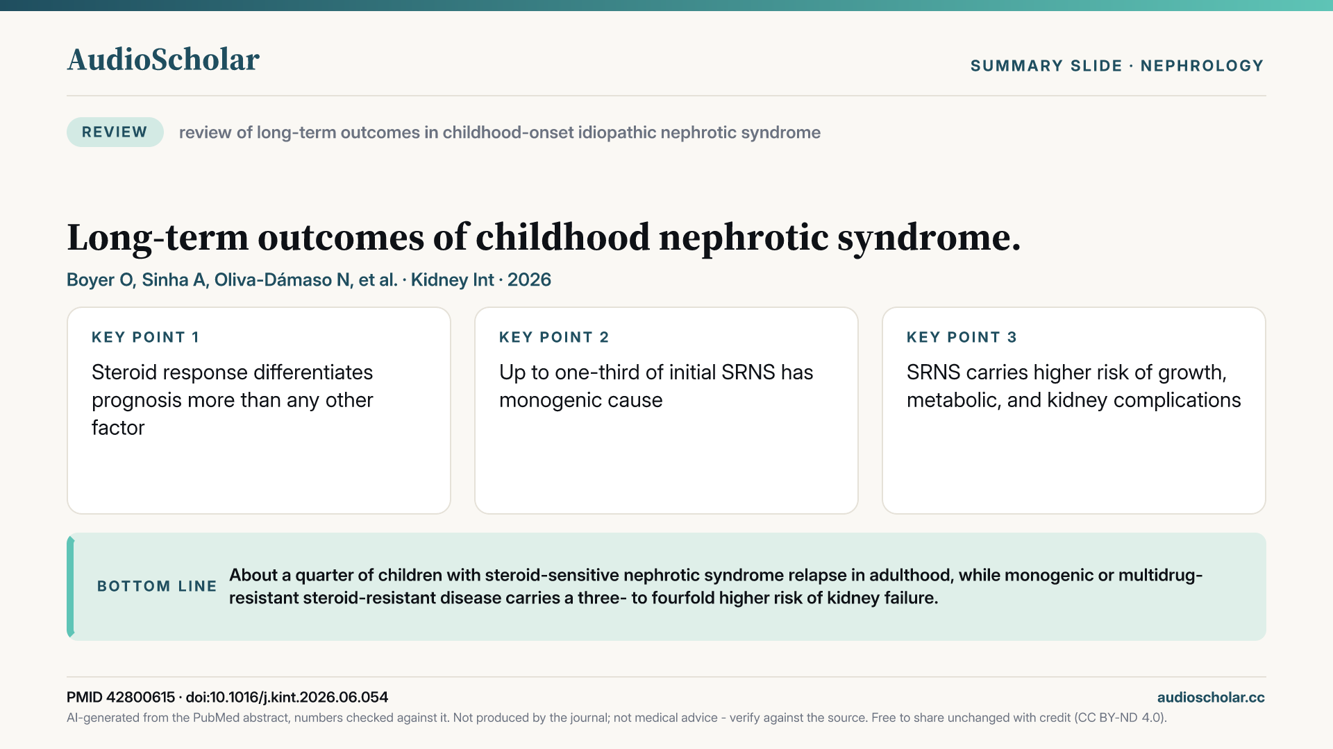 Summary slide: Long-term outcomes of childhood nephrotic syndrome.