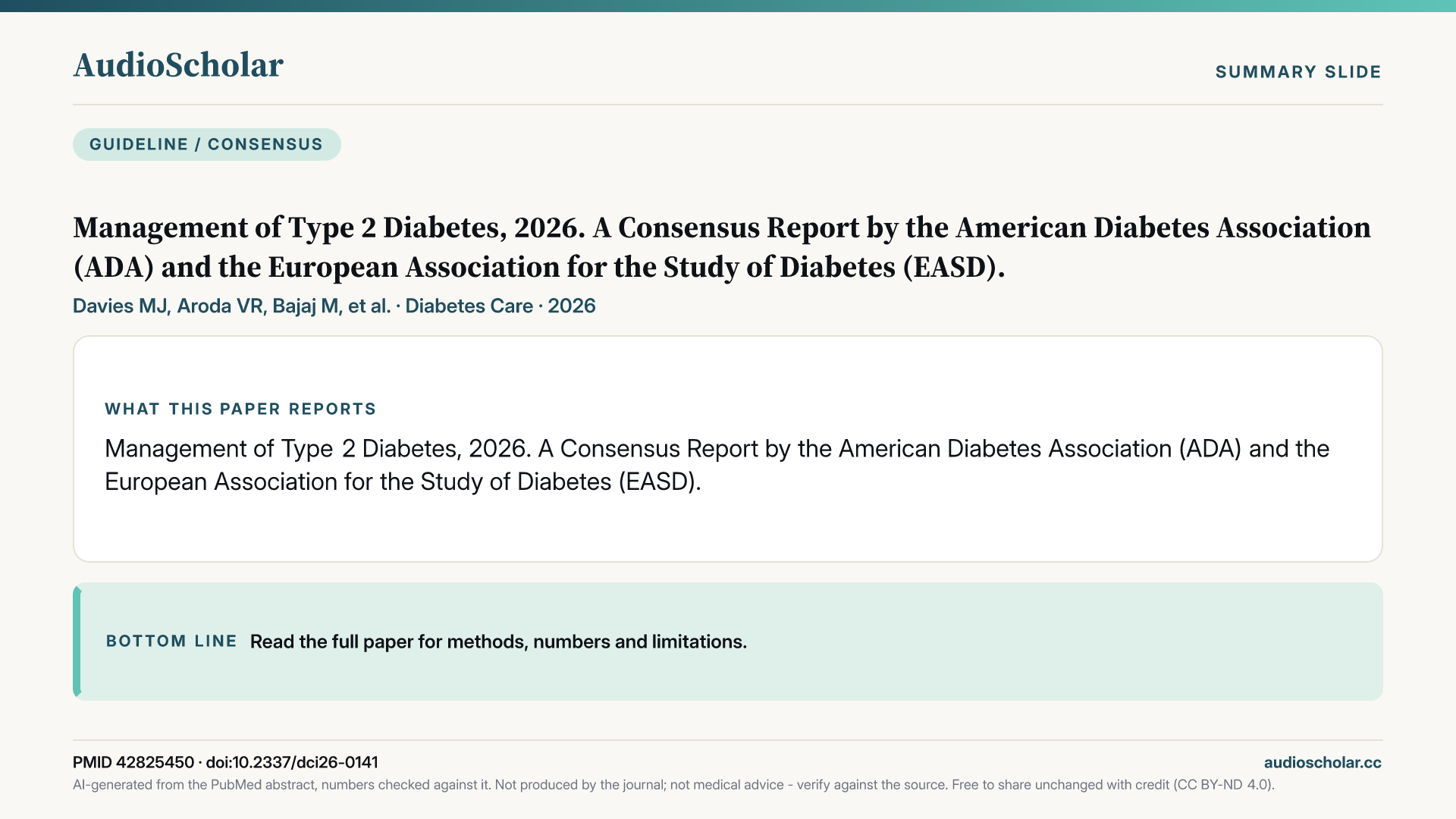 Summary slide: Management of Type 2 Diabetes, 2026. A Consensus Report by the American Diabetes Association (ADA) and the European Association for the Study of Diabetes (EASD).