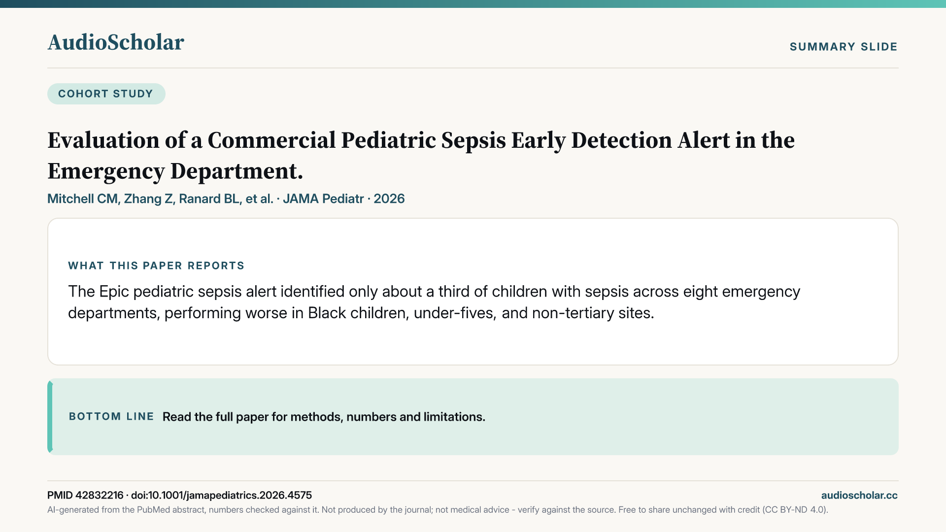 Summary slide: Evaluation of a Commercial Pediatric Sepsis Early Detection Alert in the Emergency Department.