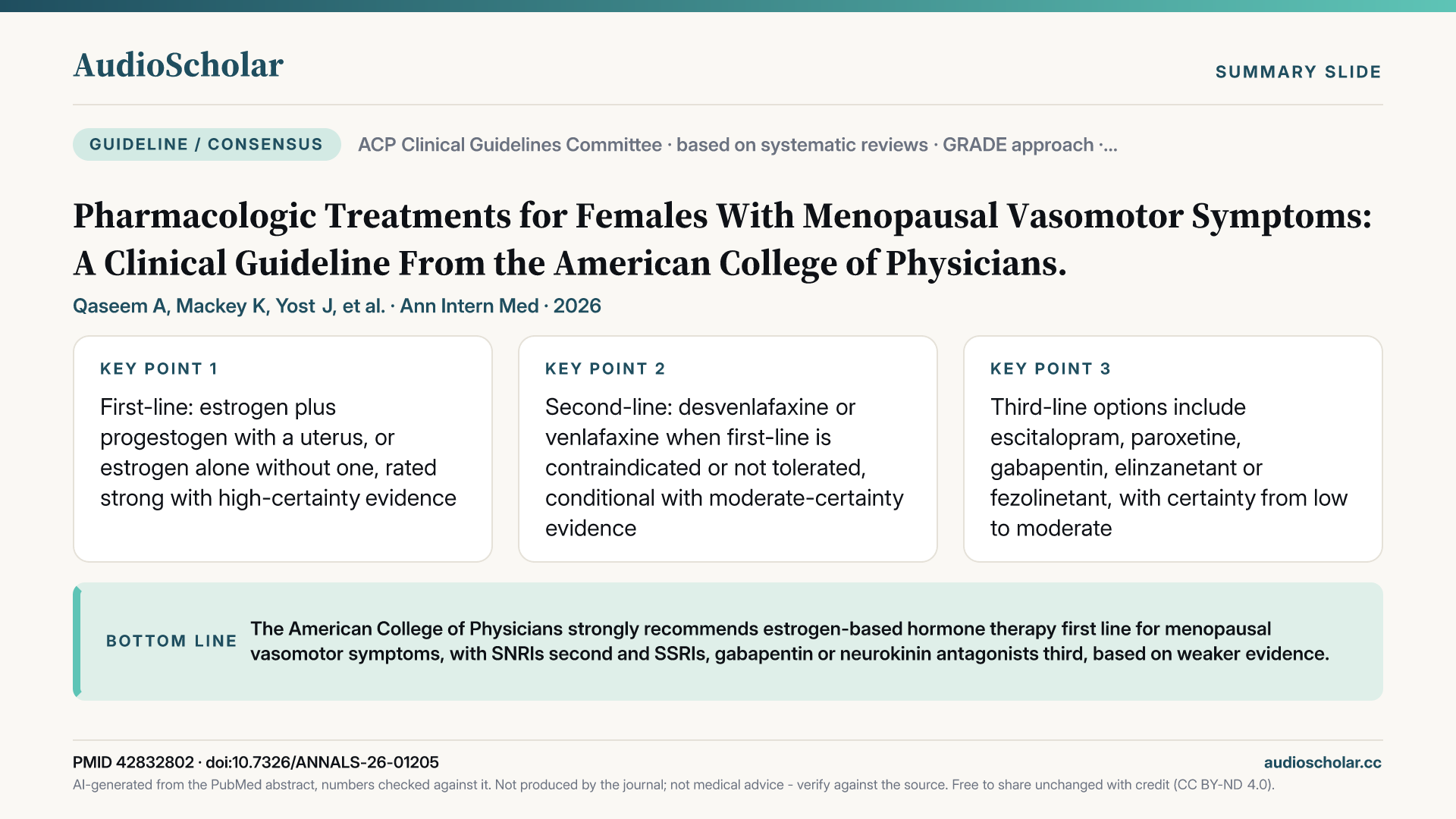 Summary slide: Pharmacologic Treatments for Females With Menopausal Vasomotor Symptoms: A Clinical Guideline From the American College of Physicians.