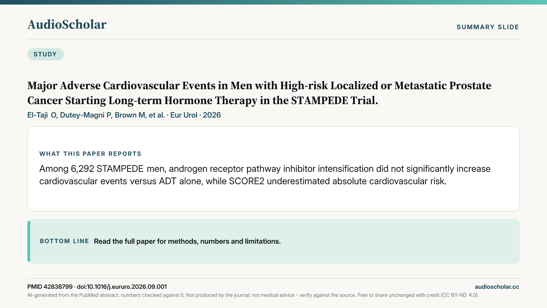 Summary slide: Major Adverse Cardiovascular Events in Men with High-risk Localized or Metastatic Prostate Cancer Starting Long-term Hormone Therapy in the STAMPEDE Trial.