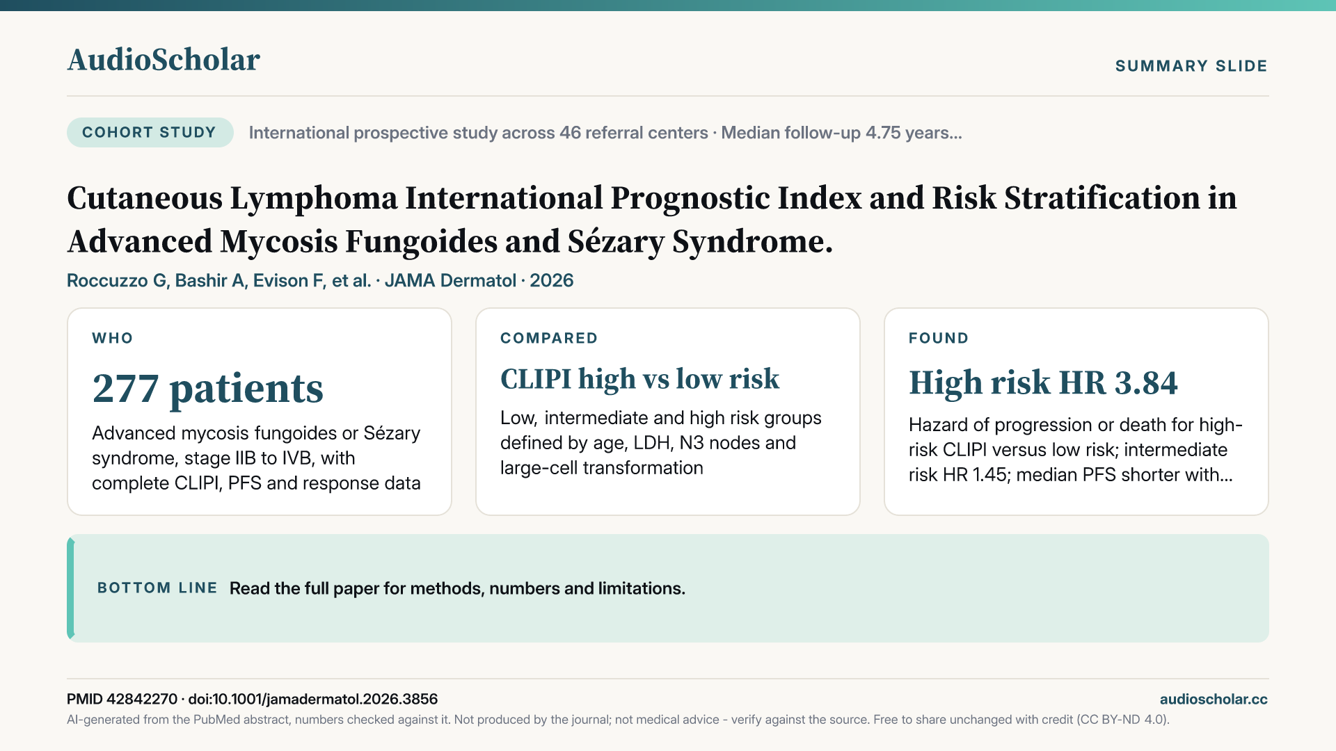 Summary slide: Cutaneous Lymphoma International Prognostic Index and Risk Stratification in Advanced Mycosis Fungoides and Sézary Syndrome.