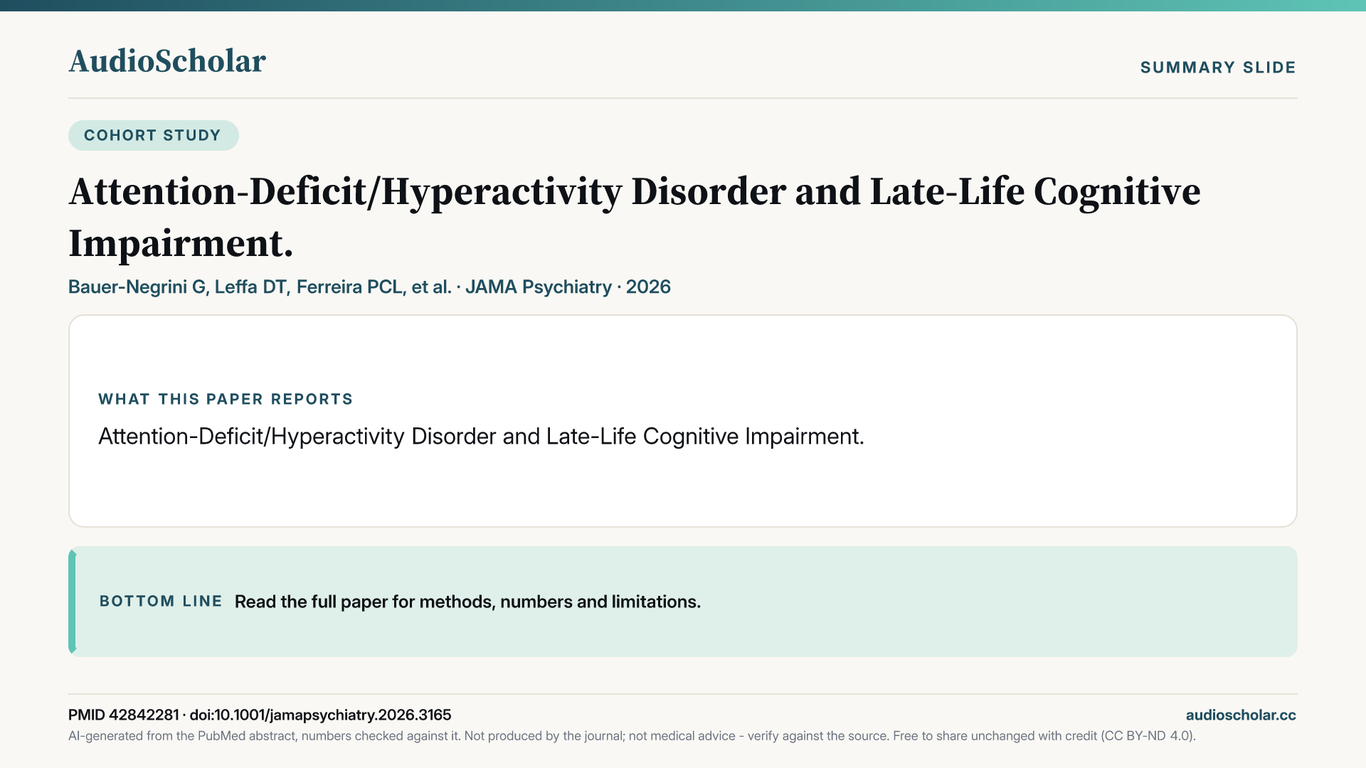 Summary slide: Attention-Deficit/Hyperactivity Disorder and Late-Life Cognitive Impairment.