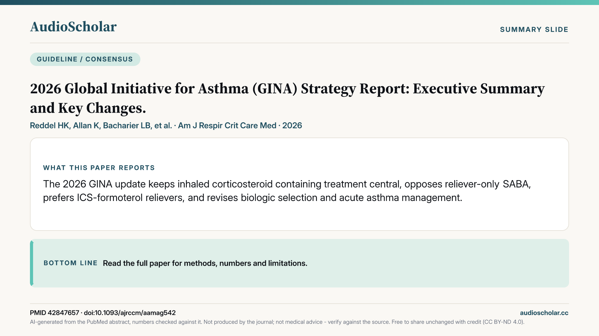 Summary slide: 2026 Global Initiative for Asthma (GINA) Strategy Report: Executive Summary and Key Changes.