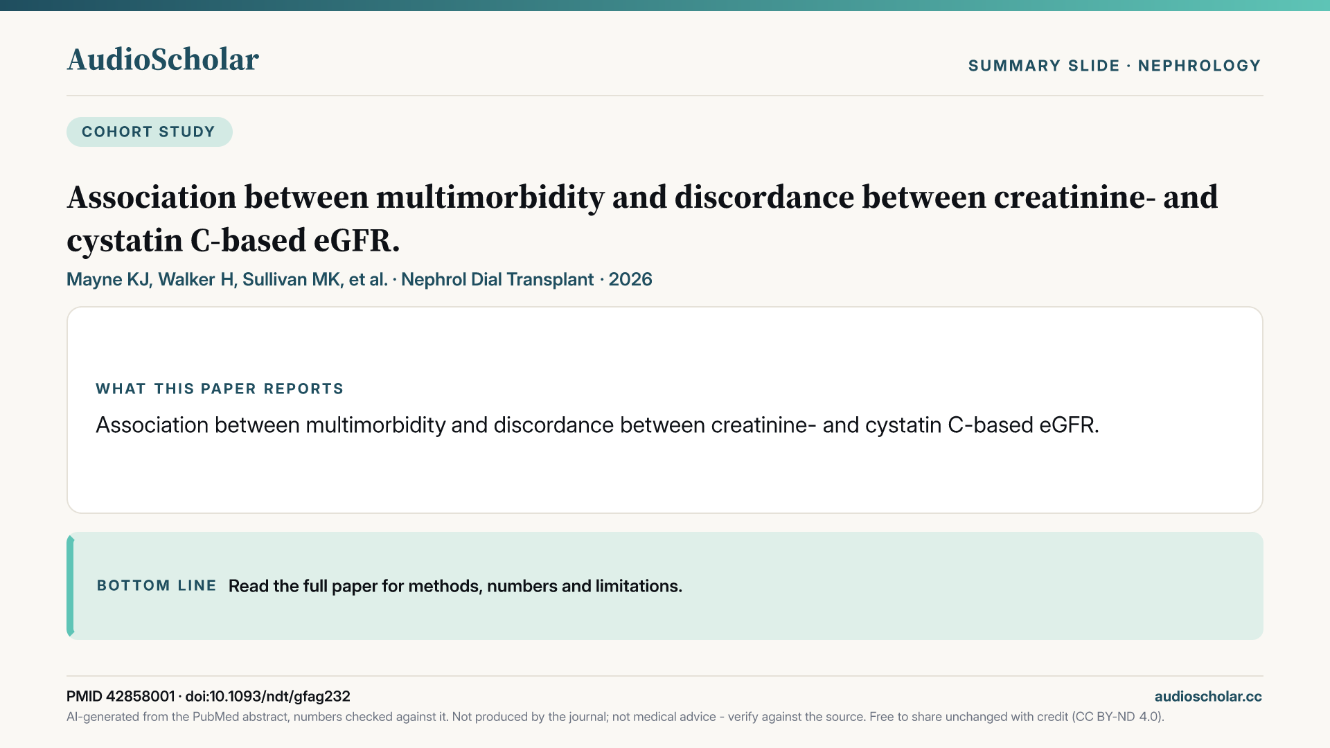 Summary slide: Association between multimorbidity and discordance between creatinine- and cystatin C-based eGFR.