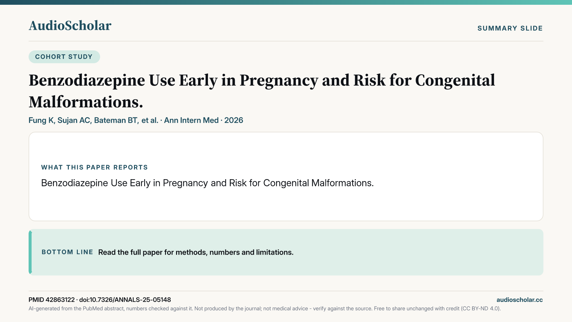 Summary slide: Benzodiazepine Use Early in Pregnancy and Risk for Congenital Malformations.