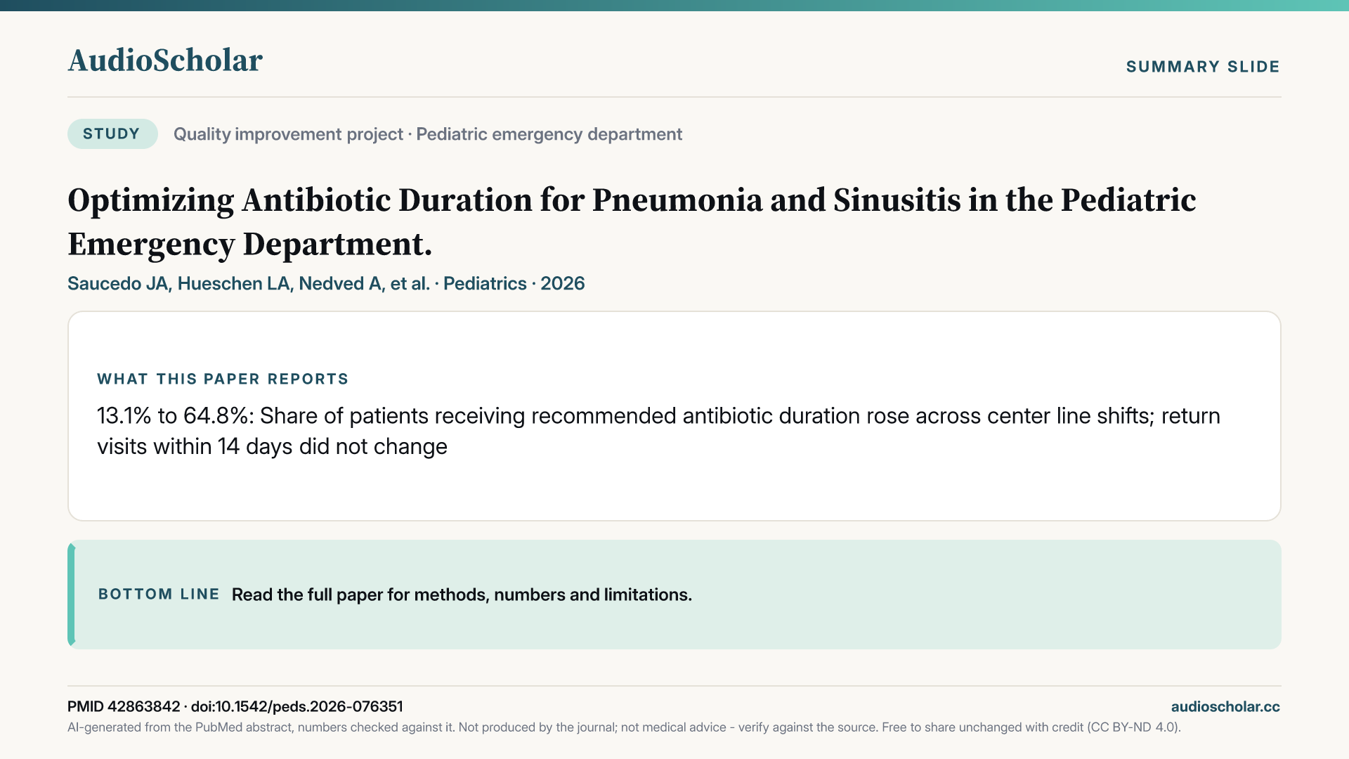 Summary slide: Optimizing Antibiotic Duration for Pneumonia and Sinusitis in the Pediatric Emergency Department.