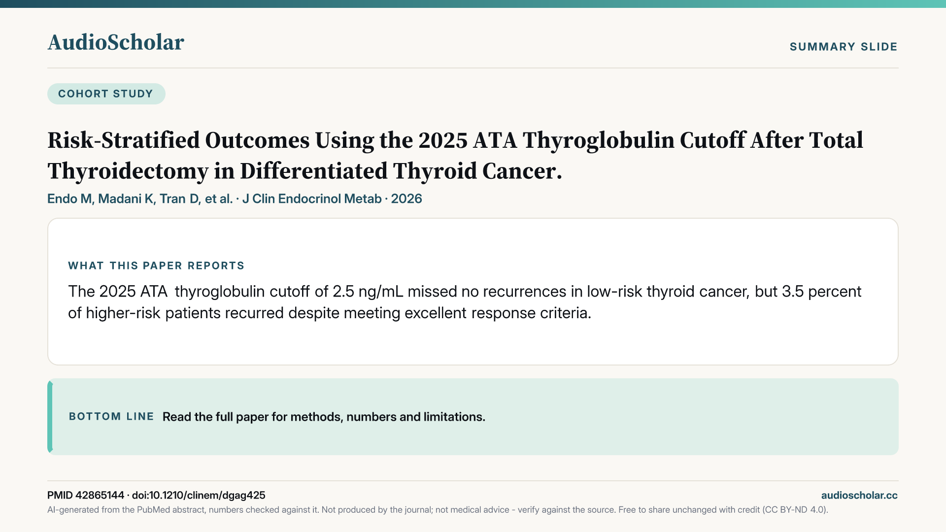 Summary slide: Risk-Stratified Outcomes Using the 2025 ATA Thyroglobulin Cutoff After Total Thyroidectomy in Differentiated Thyroid Cancer.