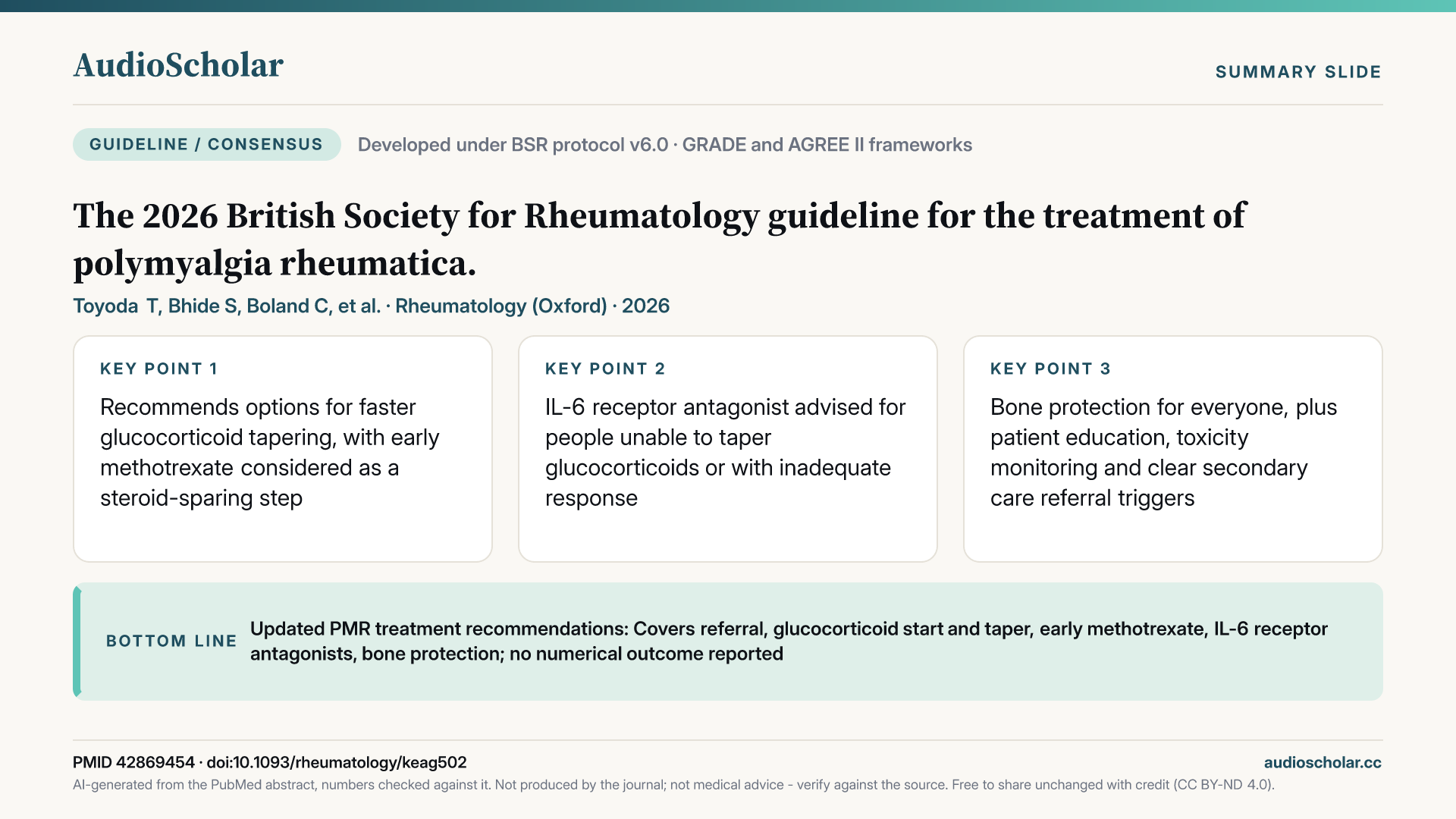 Summary slide: The 2026 British Society for Rheumatology guideline for the treatment of polymyalgia rheumatica.