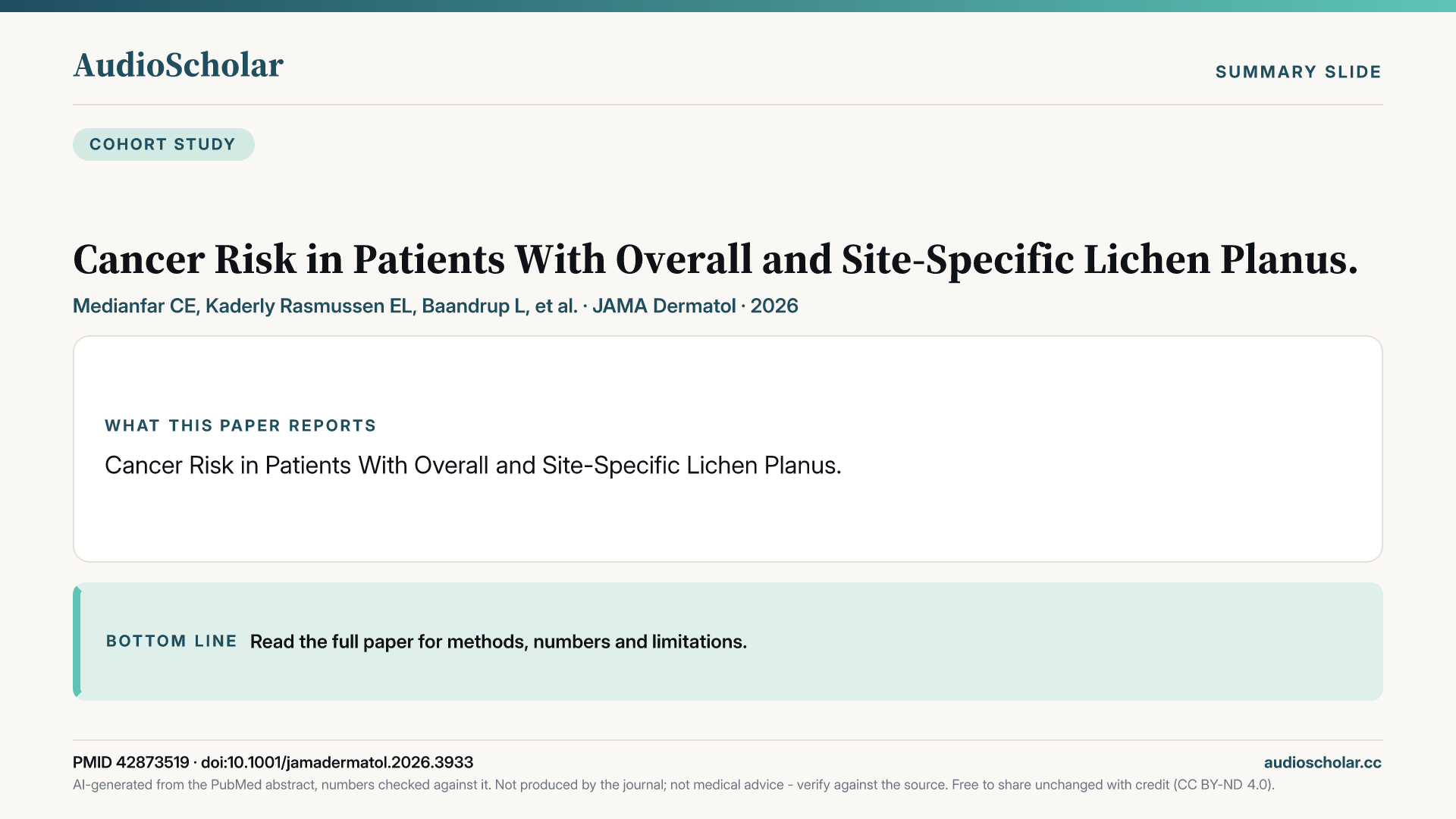 Summary slide: Cancer Risk in Patients With Overall and Site-Specific Lichen Planus.