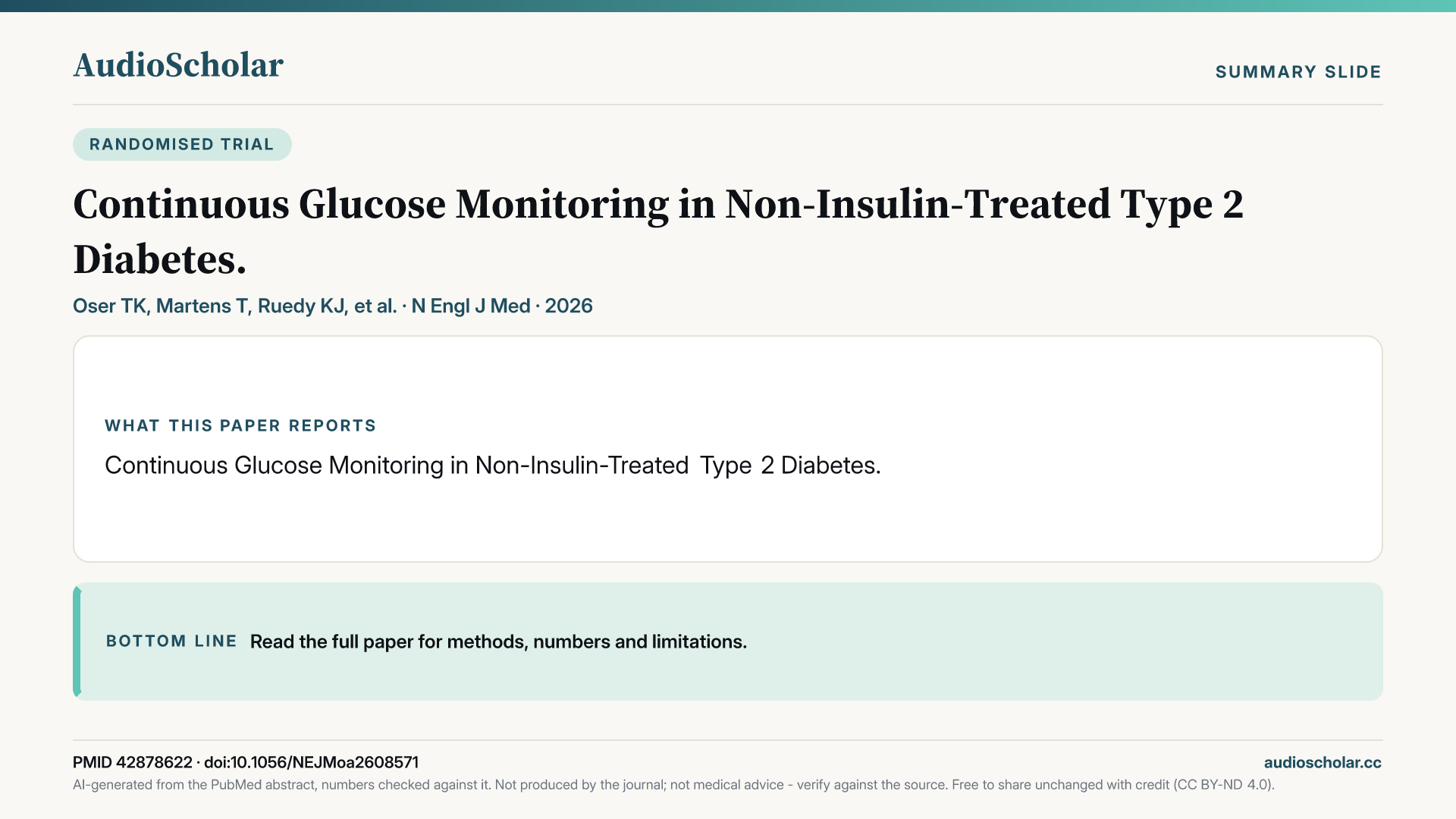 Summary slide: Continuous Glucose Monitoring in Non-Insulin-Treated Type 2 Diabetes.
