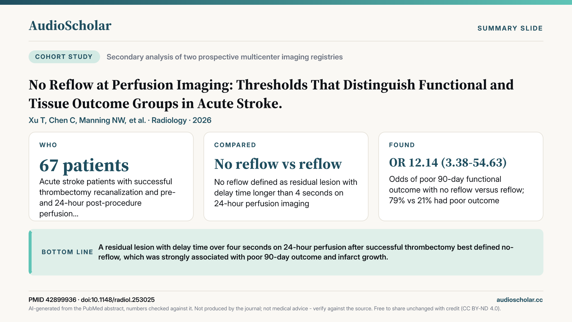 Summary slide: No Reflow at Perfusion Imaging: Thresholds That Distinguish Functional and Tissue Outcome Groups in Acute Stroke.