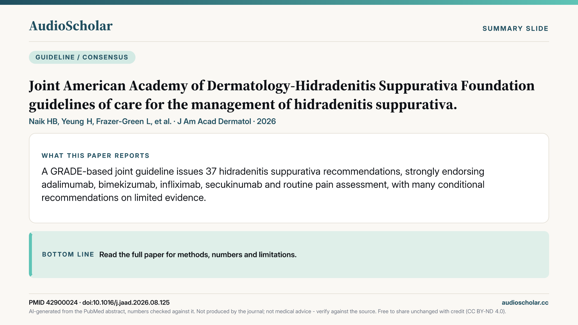 Summary slide: Joint American Academy of Dermatology-Hidradenitis Suppurativa Foundation guidelines of care for the management of hidradenitis suppurativa.